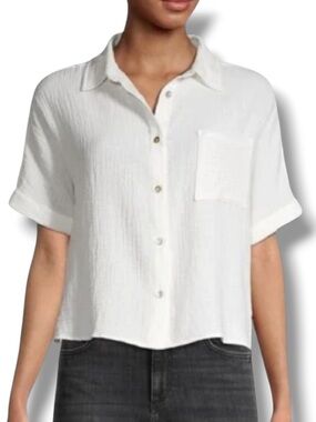 C&C California Women’s Double Gauze Camp Collared Short Sleeve Top White